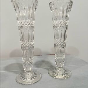 Set of 2 Vintage Clear Pressed Glass Bud Vases | Diamond Cut Tall